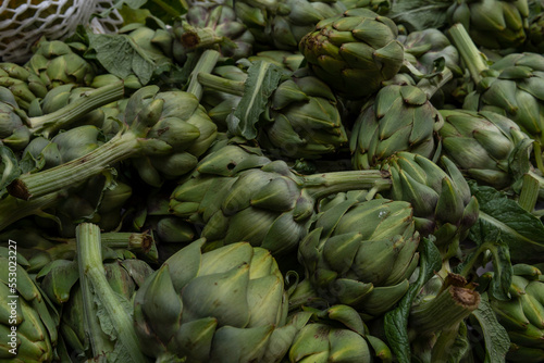 Close-up of artichokes in a street stall
