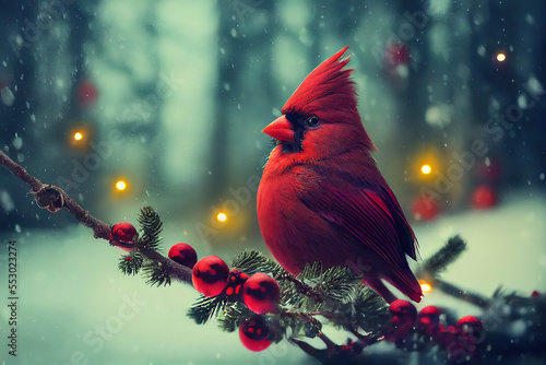 Fotografering Beautiful red northern cardinal bird sitting on a spruce branch with red Christm