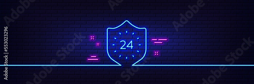 Neon light glow effect. 24 hours protection line icon. Shield sign. 3d line neon glow icon. Brick wall banner. 24 hours outline. Vector