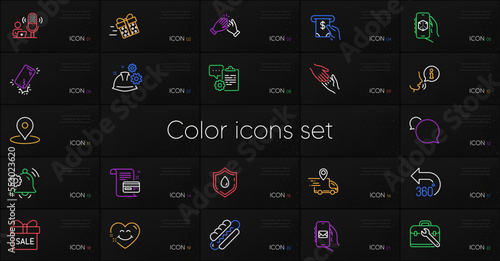 Set of Payment card, Mail app and Notification bell line icons. Include 360 degrees, Clipboard, Blood donation icons. Delivery truck, Atm service, Helping hand web elements. Vector