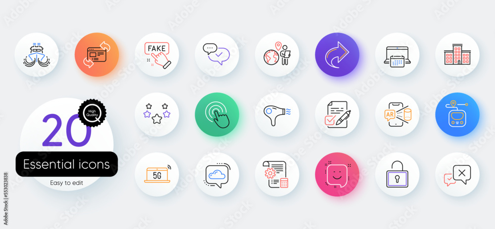 Simple set of Voting ballot, Augmented reality and Outsource work line icons. Include Approved, Stars, Fake information icons. Settings blueprint, Company, Click web elements. Hair dryer. Vector