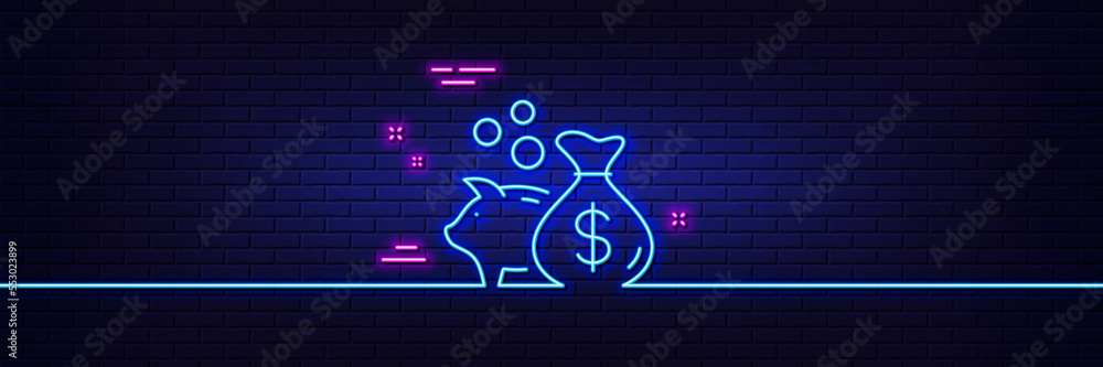 Neon light glow effect. Loan line icon. Business mortgage sign. Piggy bank symbol. 3d line neon glow icon. Brick wall banner. Loan outline. Vector Neon light glow effect. Loan line icon. Business mortgage sign. Piggy bank symbol. 3d line neon glow icon. Brick wall banner. Loan outline. Vector