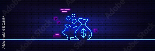 Neon light glow effect. Loan line icon. Business mortgage sign. Piggy bank symbol. 3d line neon glow icon. Brick wall banner. Loan outline. Vector