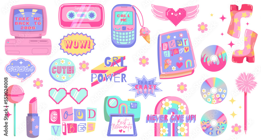 Huge set of cute sticker pack in trendy retro y2k style. Kawaii elements set. Glamour 2000s. Nostalgia for 1990s -2000s Huge set of cute sticker pack in trendy retro y2k style. Kawaii elements set. Glamour 2000s. Nostalgia for 1990s -2000s