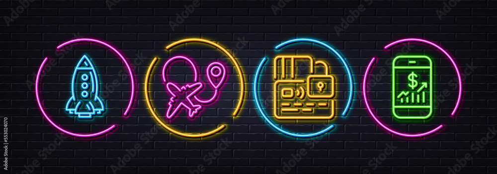 Card, Rocket and Airplane minimal line icons. Neon laser 3d lights. Mobile finance icons. For web, application, printing. Bank payment, Spaceship, Plane. Phone accounting. Neon lights buttons. Vector