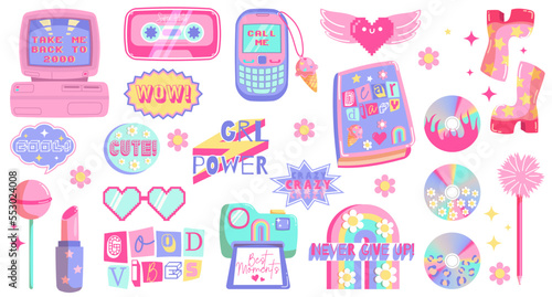 Huge set of cute sticker pack in trendy retro y2k style. Kawaii elements set. Glamour 2000s. Nostalgia for 1990s -2000s