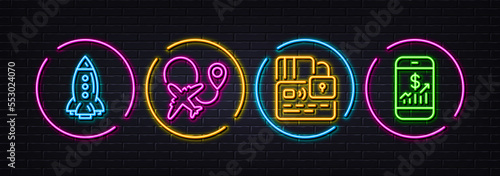 Card, Rocket and Airplane minimal line icons. Neon laser 3d lights. Mobile finance icons. For web, application, printing. Bank payment, Spaceship, Plane. Phone accounting. Neon lights buttons. Vector