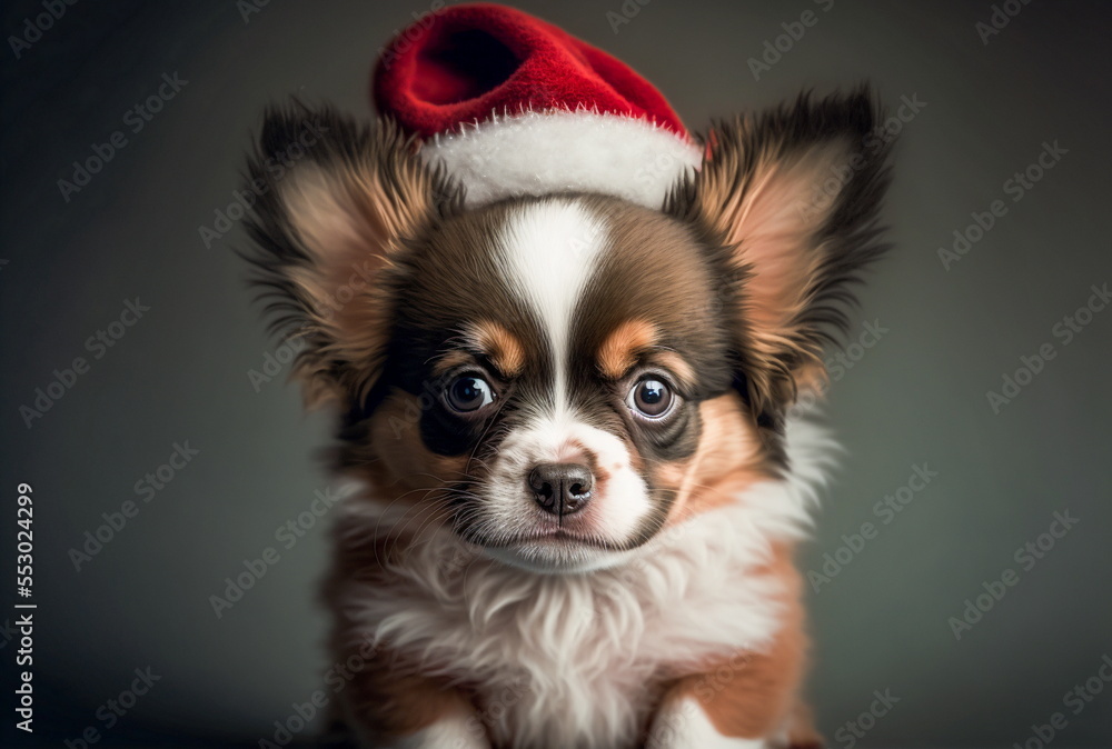 an adorable young papillon puppy dog wearing a Santa hat