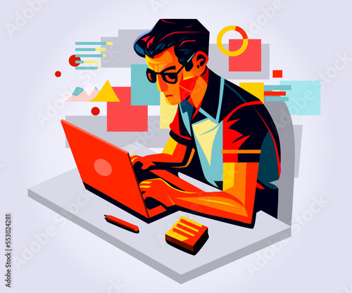 Man working on laptop. Accounting or development concept.