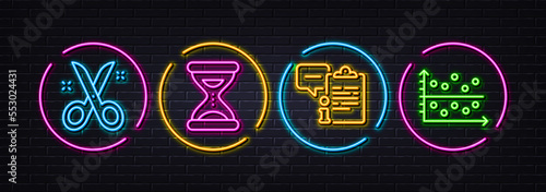 Time, Clipboard and Scissors minimal line icons. Neon laser 3d lights. Dot plot icons. For web, application, printing. Clock, Info document, Cutting tool. Presentation graph. Vector