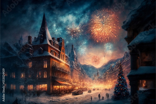 beautiful colorful fireworks, Christmas art, beautiful winter colorful nature