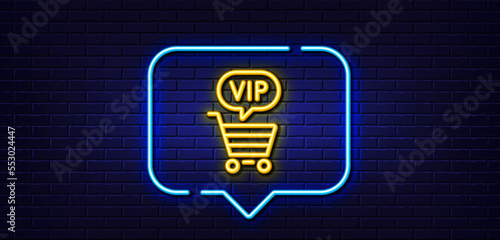 Neon light speech bubble. Vip shopping cart line icon. Very important person sign. Member club privilege symbol. Neon light background. Vip shopping glow line. Brick wall banner. Vector