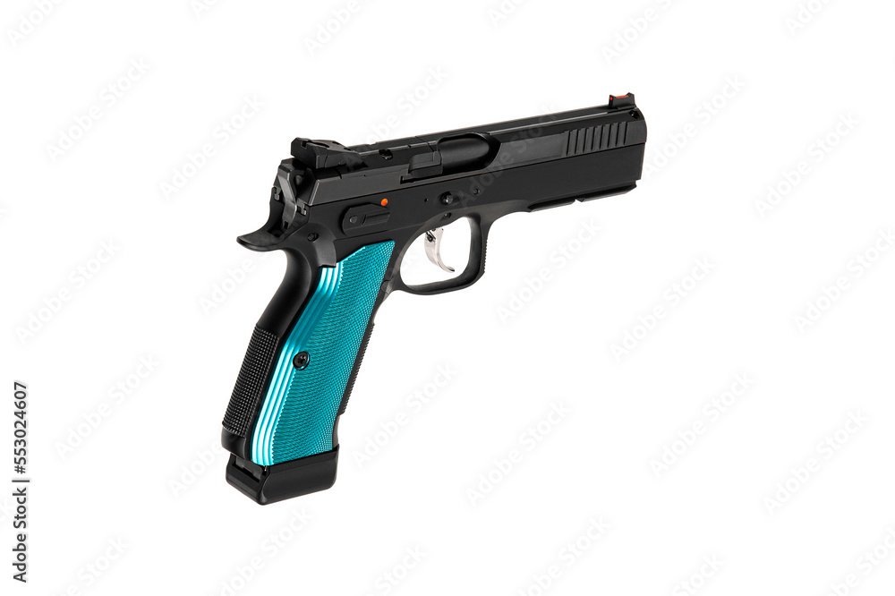 Modern semi-automatic pistol. A short-barreled weapon for self-defense and sport. Isolate on a white back. Modern semi-automatic pistol. A short-barreled weapon for self-defense and sport. Isolate on a white back.