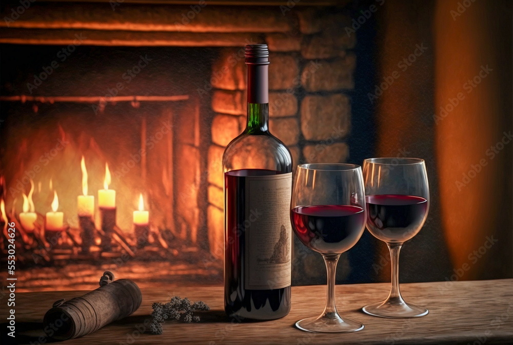 bottle of red wine and two glass at night near fireplace flame. Cozy winter evening background with copy space