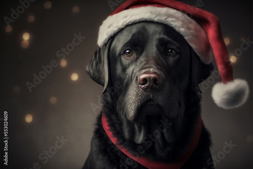 Black Labrador dog dressed as Father Christmas  cute and funny Christmas card design