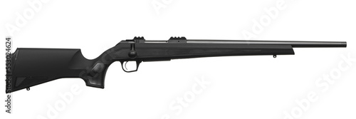 Rifle with plastic stock. Weapons for sports, hunting and self-defense. Modern bolt carbine isolated on white back.
