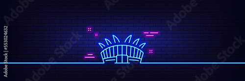 Neon light glow effect. Arena stadium line icon. Sport complex sign. Championship building symbol. 3d line neon glow icon. Brick wall banner. Arena stadium outline. Vector