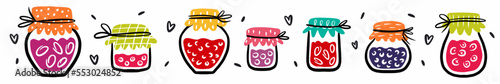 Vector horizontal pattern with jam jars and preservation hand-drawn in doodle style
