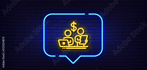 Neon light speech bubble. Budget accounting line icon. Money investment sign. Stock shares traders symbol. Neon light background. Budget accounting glow line. Brick wall banner. Vector