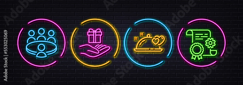 Romantic dinner, Loyalty program and Meeting minimal line icons. Neon laser 3d lights. Construction document icons. For web, application, printing. Restaurant food, Gift, Human resource. Vector