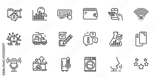 Outline set of Education, Computer keyboard and Checkbox line icons for web application. Talk, information, delivery truck outline icon. Vector