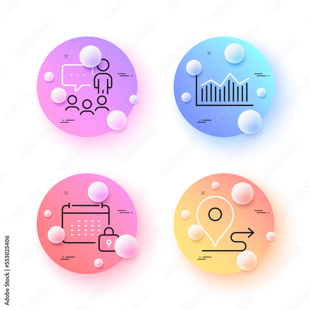 Calendar, People chatting and Money diagram minimal line icons. 3d spheres or balls buttons. Journey icons. For web, application, printing. Locked planner, Conference, Currency diagram. Vector Calendar, People chatting and Money diagram minimal line icons. 3d spheres or balls buttons. Journey icons. For web, application, printing. Locked planner, Conference, Currency diagram. Vector