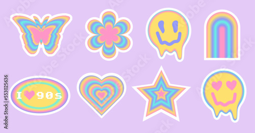 Cute trendy girly retro 2000s stickers with cartoon comic label patches. Girlish funny groovy vaporwave acid stickers in geometric shapes. Vector illustration of y2k , 90s graphic design badges	

