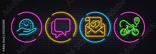 Love letter, Safe time and Talk bubble minimal line icons. Neon laser 3d lights. Bike delivery icons. For web, application, printing. Valentine mail, Management, Chat message. Bicycle courier. Vector