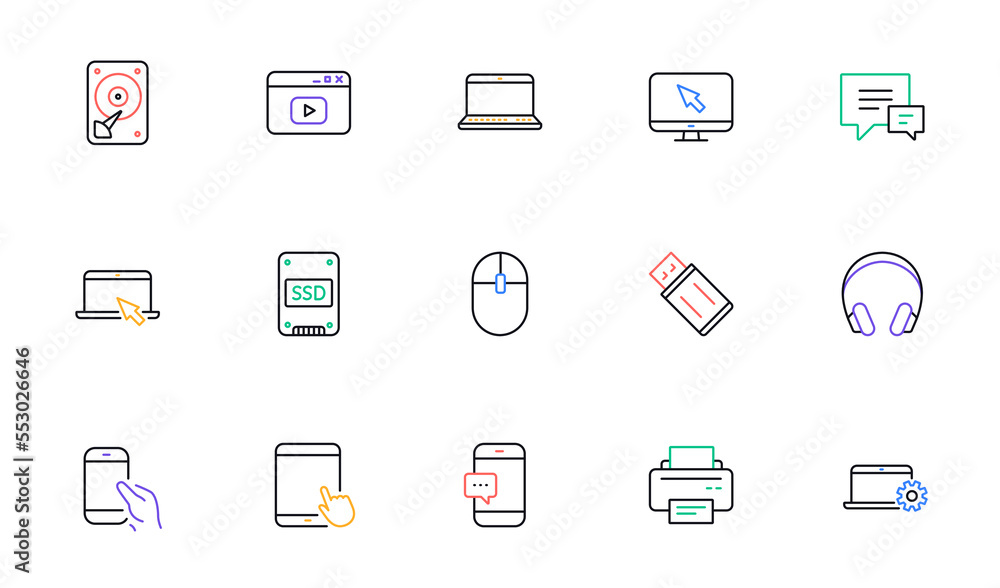 Device line icons. Laptop, SSD and Headphones. Printer linear icon set. Bicolor outline web elements. Vector Device line icons. Laptop, SSD and Headphones. Printer linear icon set. Bicolor outline web elements. Vector