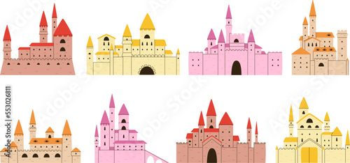 Cartoon castles exterior set. Doodle palace medieval, isolated flat castle towers and bastions. Princess fairy tale buildings, decent vector ancient fort