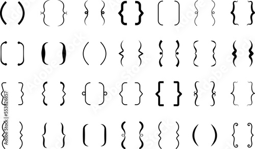 Text brace, speech bracket set. Parentheses icon vintage calligraphic curly decorations. Punctuation signs, black line typography decent vector kit