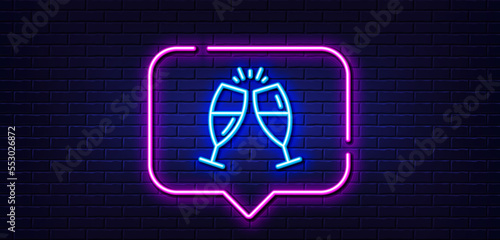 Neon light speech bubble. Champagne glasses line icon. Romantic celebration sign. Love chin-chin symbol. Neon light background. Champagne glasses glow line. Brick wall banner. Vector