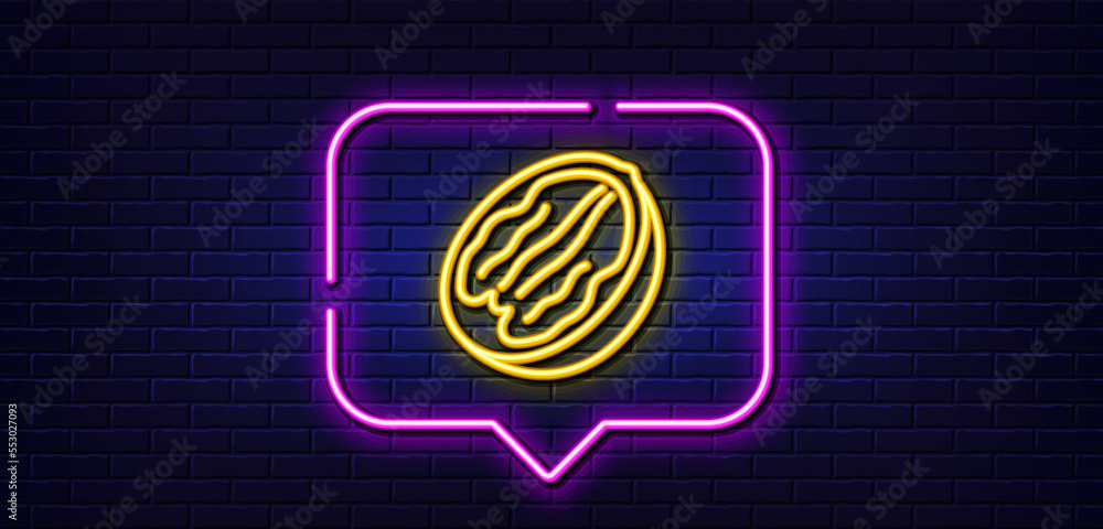 Neon light speech bubble. Pecan nut line icon. Tasty nuts sign. Vegan food symbol. Neon light background. Pecan nut glow line. Brick wall banner. Vector Neon light speech bubble. Pecan nut line icon. Tasty nuts sign. Vegan food symbol. Neon light background. Pecan nut glow line. Brick wall banner. Vector