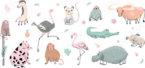 Cute wild animal characters. Zebra koala and hippo, fatty flat tiger. Funny childish animals, isolated cartoon african safari nowaday vector kit