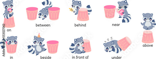 Learn english prepositions with raccoon. Cute raccoons behind, on under trash can. Preschool kids grammar poster, nowaday education vector banner