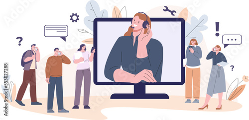 Customer people support concept. Phone consultant, global helpline or virtual assistant. Woman in headphones on computer screen. Kicky call center vector scene