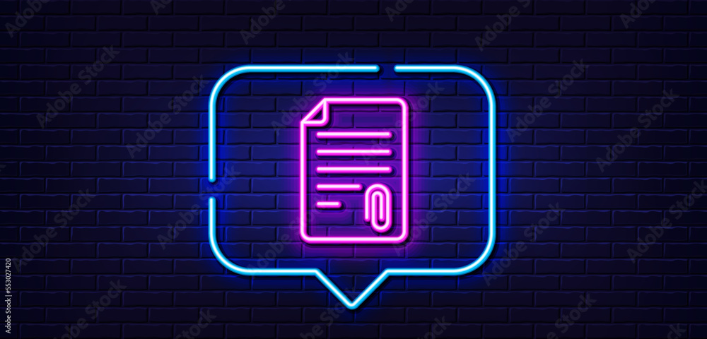 Neon light speech bubble. CV attachment line icon. Document file symbol. Neon light background. Attachment glow line. Brick wall banner. Vector Neon light speech bubble. CV attachment line icon. Document file symbol. Neon light background. Attachment glow line. Brick wall banner. Vector