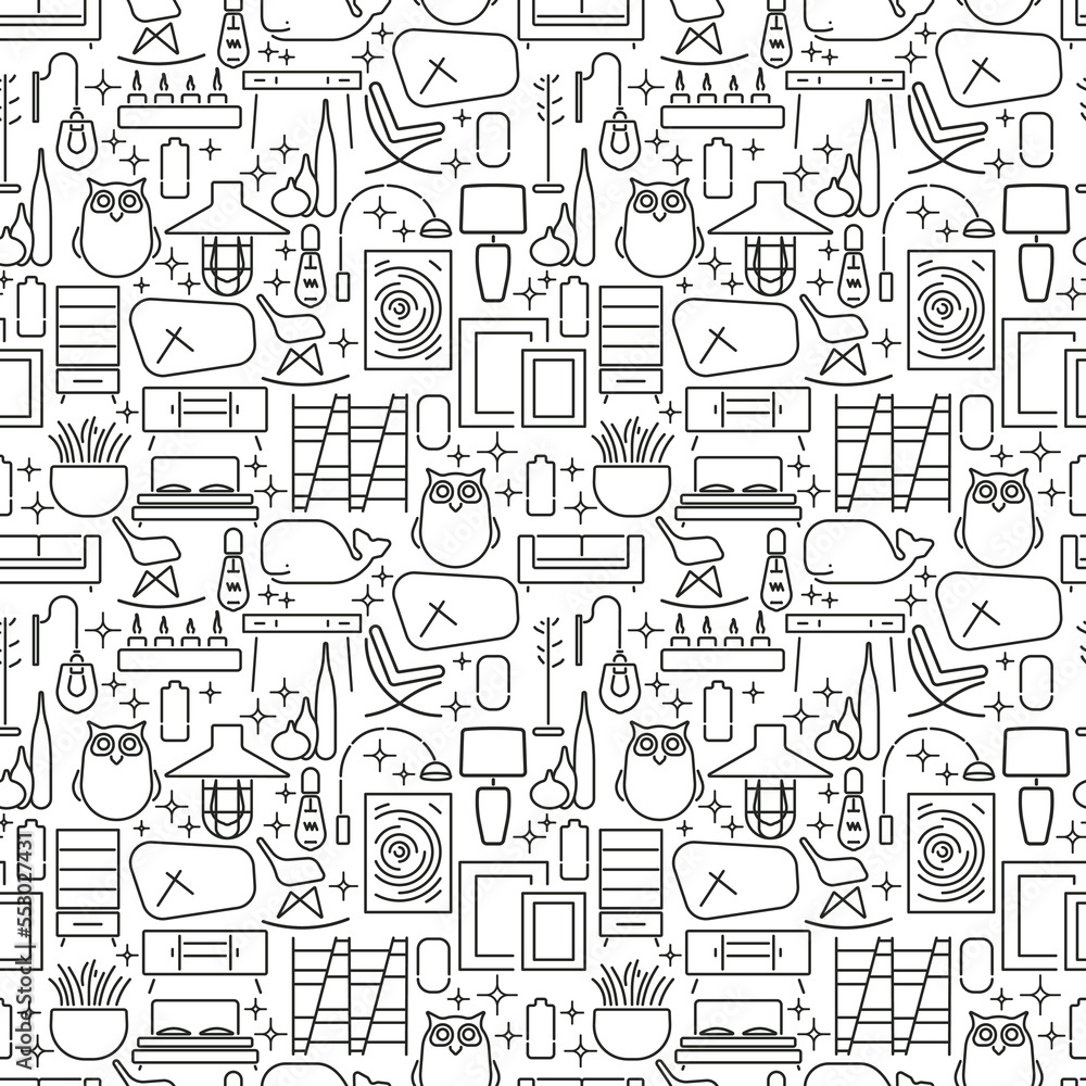 Seamless pattern with elements of interior.Modern Furniture.Template for design Background, Cards,Website,Cover.Graphic shapes of living room,bedroom.Linear style