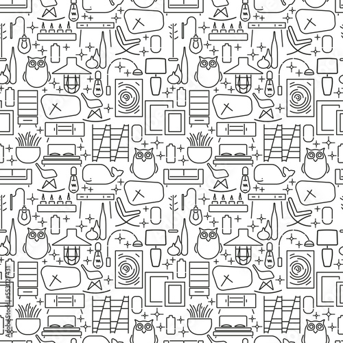Seamless pattern with elements of interior.Modern Furniture.Template for design Background, Cards,Website,Cover.Graphic shapes of living room,bedroom.Linear style