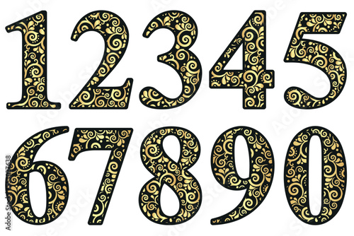 Set arabic numerals, decorated with vintage golden pattern, vector