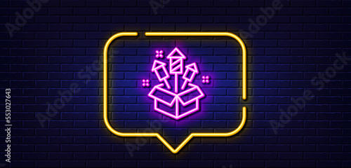 Neon light speech bubble. Fireworks rocket line icon. Pyrotechnic salute sign. Carnival celebration lights symbol. Neon light background. Fireworks rocket glow line. Brick wall banner. Vector