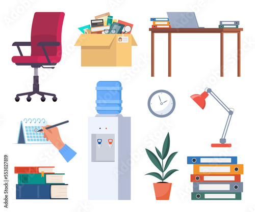 Set of office interior elements and accessories. Office furniture, folders with documents, desk lamp, cooler, books, calendar, plants.
