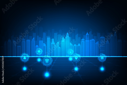 Vector technology internet of things smart city network connection concept. Abstract blue background.