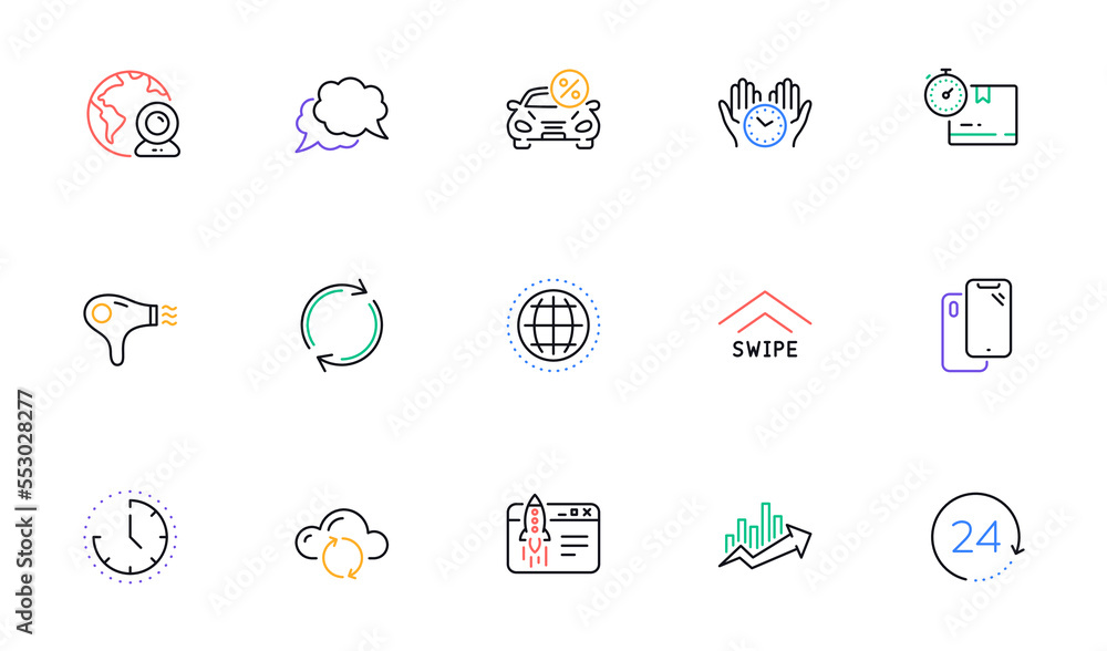 Fototapeta premium Swipe up, Cardboard box and Full rotation line icons for website, printing. Collection of Chat message, Start business, Video conference icons. Safe time, Cloud sync, Growth chart web elements. Vector