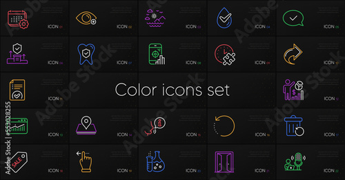 Set of Sea mountains, Dermatologically tested and Recovery data line icons. Include Puzzle time, Approved message, Dental insurance icons. Share, Recovery trash, Farsightedness web elements. Vector