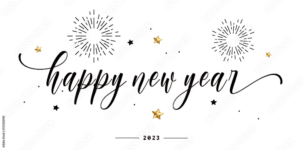 Happy New Year 2023 script text hand lettering. Design template