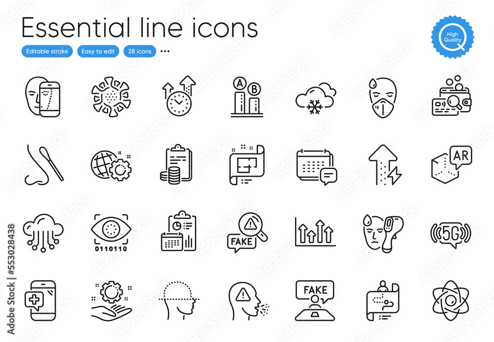 Atom core, Cough and Report line icons. Collection of Snow weather, 5g wifi, Journey path icons. Employee hand, Coronavirus, Ab testing web elements. Nasal test, Face scanning, Upper arrows. Vector