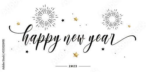 Happy New Year 2023 script text hand lettering. Design template Celebration typography poster, banner or greeting card for Merry Christmas and happy new year. Vector Illustration