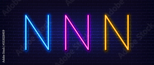 Initial letter N icon. Neon light line effect. Line typography character sign. Large first font letter. Glowing neon light element. Letter N glow 3d line. Brick wall banner. Vector