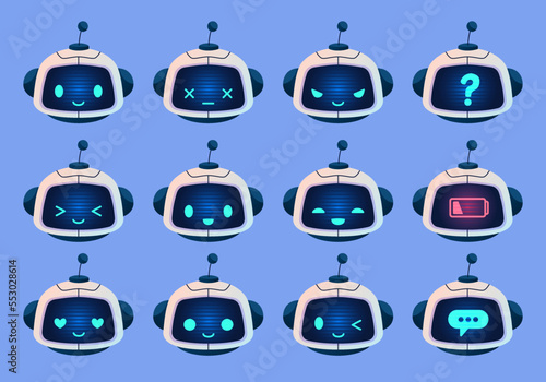 Cartoon robot emotions. Funny android faces with different expressions, cute cyborg smiles, little humanoid characters, artificial intelligence communication tidy vector cartoon flat set